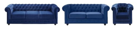 Vente-unique - Sofá 3 plazas + Sofá 2 plazas+ Sillón Chesterfield - Terciopelo - Azul eléctrico