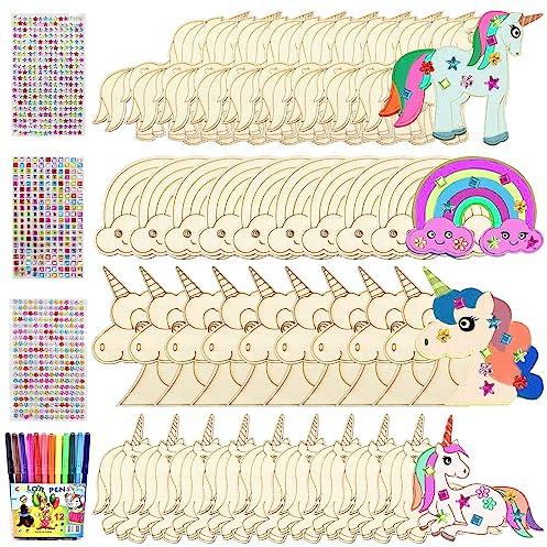 Einhorn Bastelset Kinder, 40 Stück Einhörner Mitgebsel DIY Holz Basteln | Einhorn Holz Bemalen Bastelset mit 12 Aquarellstifte + 3 Edelsteinaufkleber für Mädchen Geburtstagsgeschenk ( Einhorn )