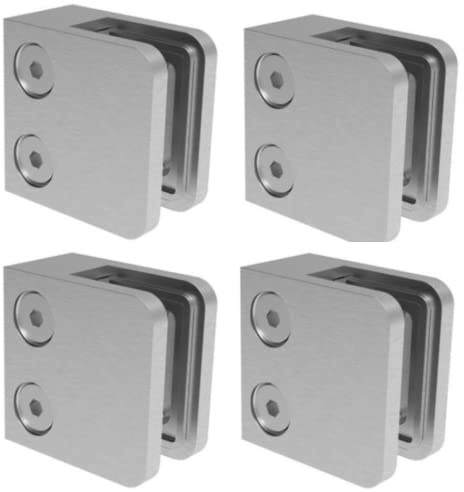 Sellon24® Glashalter 4 Stück Edelstahl Glasklemme Klemmhalter Geländer V2A Eckig 45 x 45 x 28 mm inkl. Gummieinlage, flach oder für Pfosten 42,4 geschliffen K320 Set MOD 21 (Flach + Gummi 8,76 mm)