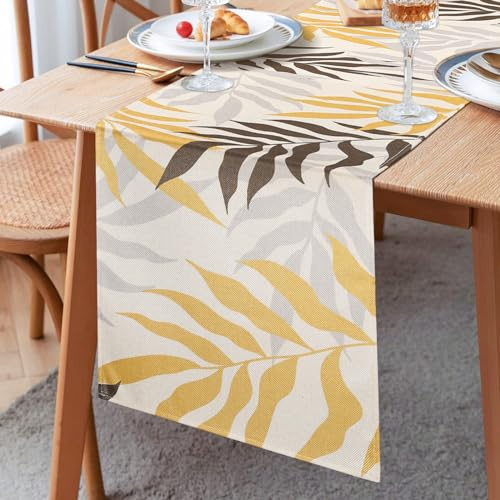 Tischläufer Frühling Sommer Tischläufer Gelb Tisch läufer Braun Grau Blätter Polyester Tischlaufer Wohnzimmer Tischlaufer Modern Küche Esstisch Dekor für Kommode Festival Party Dekoration 33x183cm
