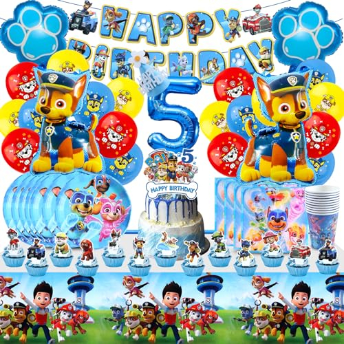 Paw Deko Patrol Geburtstag Deko für 5-jährige Kinder, Teller, Tortendeko und Folienballon