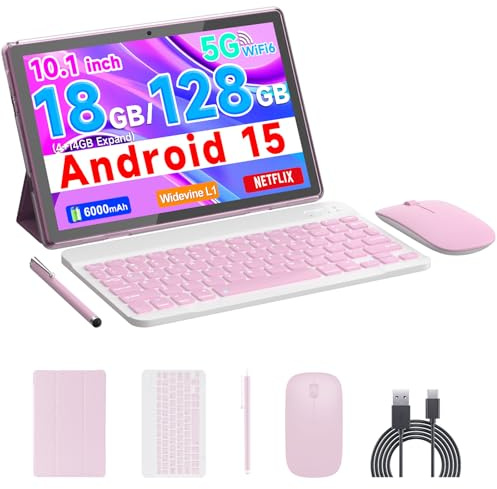 Tablette Android 15, 10 pouces, 18 Go de RAM, 128 Go de ROM, processeur quadricœur 2,0 GHz, écran tactile IPS 1280 x 800, 2,4 G/5 G, WiFi 2 en 1, tablettes avec clavier, étui, souris, stylet, batterie