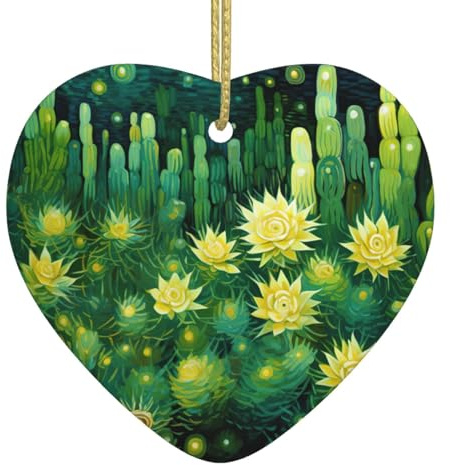 Adornos de Navidad de flores de cactus verdes, decoraciones de Navidad, adornos colgantes de árbol de Navidad, adornos colgantes de cerámica en forma de corazón, regalo de recuerdo festivo para