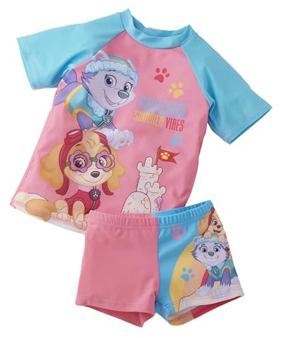United Labels Paw Patrol Maillot de bain 2 pièces avec protection UV 50+ pour fille, rose, maillot de bain pour enfant avec t-shirt et pantalon, maillot de bain, Rose/bleu, 110-116