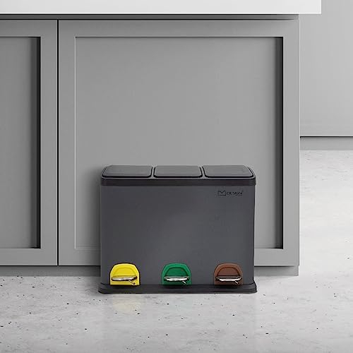 ML-Design Mülleimer Küche 3x 8L (24L), Anthrazit, Mülltrennsystem 3 Fächer, Treteimer zur Mülltrennung, Abfalleimer aus Stahl mit Inneneimer aus Kunststoff & Klappdeckel, farblicher Kennzeichnung