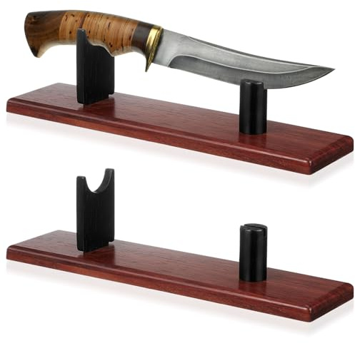 Yookeer 2 Pcs Knife Display Stand Fixed Blade Holder Case Natural Brown Wood Collection Pocket Fixed Collection Swords Durable Horizontal Tabletop Showcase Kitchen, Living Room Rustic Cabin Home Decor