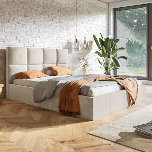 MOTIVENA Star Bett 160x200 Beige Samt, mit Stauraum, mit Kopfteil, mit Lattenrost, ohne Füße, ohne Matratze, Polsterbett 160x200 mit Bettkasten Beige (Creme)
