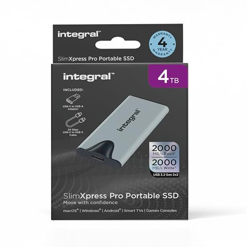 Integral SlimXpress Pro 4TB Externe Portable SSD-Festplatte: USB-C, 2000 MB/s Lesen/Schreiben, USB 3.2 Gen 2x2, Kompaktes, Plug & Play, Kompatibel mit Mac, Windows-PC, Android, Xbox, PlayStation