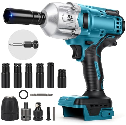 1000Nm Akku Schlagschrauber Kompatibel mit Makita 18V Batterie, 1/2 Zoll Bürstenloser Drehschlagschrauber Schraubenschlüssel mit 6 Stecknüsse (Ohne Akku)