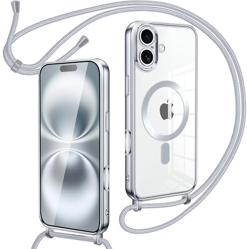 Oelrstfe Magnetische handyband mit Band für iPhone 16 Hülle - Necklace HandyHülle Transparente zum Umhängen mit justierbarer und Abnehmbarer Kette, Crossbody Magnet Clear Cover(Silber)