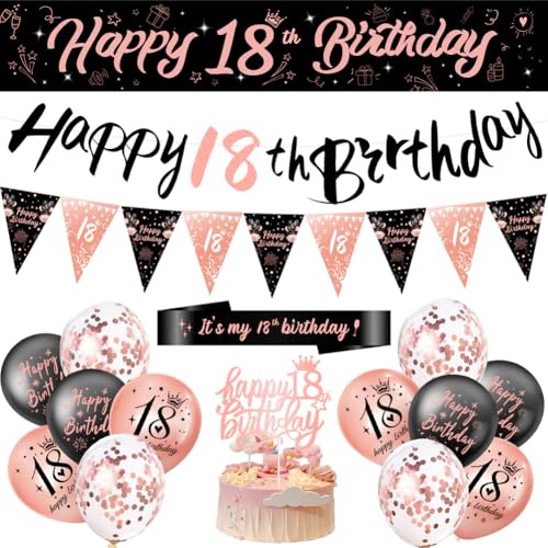 18th Birthday Decorations Happy 18th Birthday Party Banner Balloons | Rosegold Bunting Sash Triangle Flags and Cake Toppers 18 Years Old Party Decor