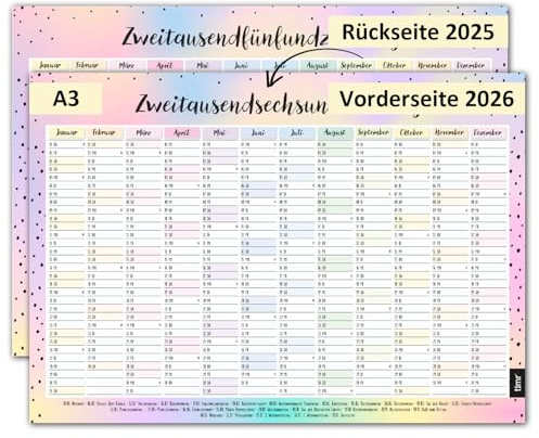 Timr Wandkalender 2026 inkl. 2025 Motiv Bunt - DIN A3 Kalender 12 Monate I beidseitig I tr293