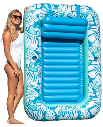Aqua Inflatable Tanning Pool Lounger – Large (71 x 48 in) – Premium Pool Float with Cupholders and Removeable Pillow for Relaxation and Fun, Blue Flowers Pattern