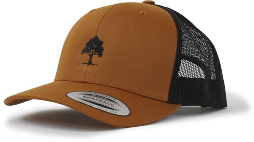Trucker Cap Flexfit Snapback: Träd skog – jägarhatt utomhus keps – Cappi present för jägare natur basebollkeps keps keps mössa utomhus klättring vandring tillbehör, Karamell/svart, one size