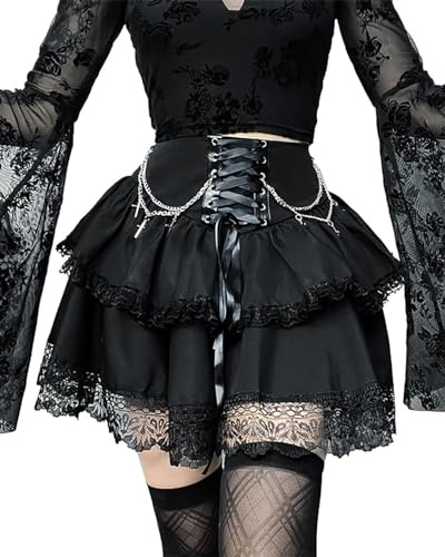 DINGJIUYAN Minigonna a 2 strati con catene Gotico Y2k Ruffle Gonne A Pieghe Steampunk Orlo In Pizzo Frontale Benda Gonna Corta, Nero , M