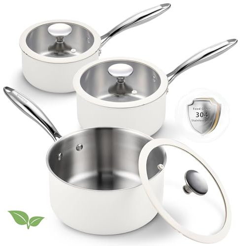 SAKAMOSH Juego de 6 sartenes de acero inoxidable de tres capas con tapas, 1.5 cuartos de galón, 2.5 cuartos y 3 cuartos de galón, inducción, sin PFOA, apto para lavavajillas, olla de salsa, olla de