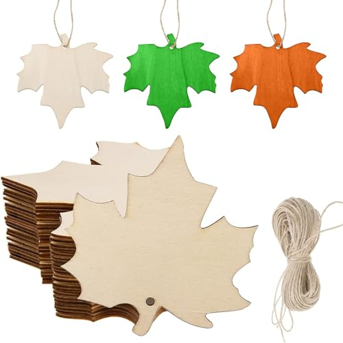 10 Stück Holzanhänger zum Bemalen Ahornblatt, Holz Basteln, Ahornblatt Holz Anhänger Deko mit Juteseil, für Hochzeits, Tisch, DIY Scrapbooking Geschenkanhänger