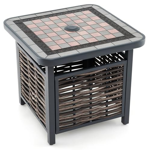 GOPLUS Sidobord i polyratta, kvadratiskt trädgårdsbord med 3,9 cm skärhål och schackbrädemönster, balkongbord, bistrobord, väderbeständigt, terrassbord, litet utomhus för trädgård, trädgård, balkong,