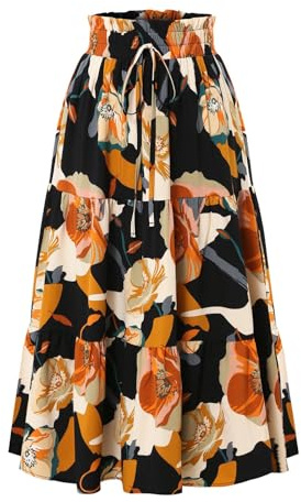 Adigaber Faldas de Mujer Cintura Elástica Faldas Vintage Estampado Floral Volantes A-Línea Faldas a la Pantorrilla con cinturón