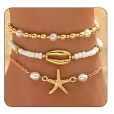 CharmBurst 3 Stück Sommer Beach Stil Metall Seestern & Muschel Perlen für Damen, Boho-Schmuck, Wasserfest, Sommer Accessoires, Fussketten mit Seestern und Muscheln