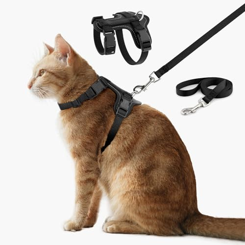 Plutus Pet Adjustable Cat Harness and Lead Set, Quick Release, Escape Proof Nylon Vest with Leather Trim for Kitten, Small Medium Large Cats, Black