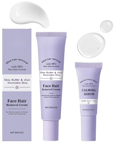 Facial Hair Removal Cream for Women with Soothing Roll-On Serum, Upper Lip, Chin & Cheeks Hair Remover,Gentle Formula for Sensitive Skin, Fast Acting Gentle Painless Depilatory Cream