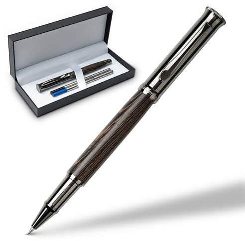 WANDERINGS Rollerball Pen with German Ink – Beautifully Balanced for a Smooth Writing Experience - Gunmetal and Real Wood Barrel - Includes 2 Schmidt Refills in a Giftable Presentation Case