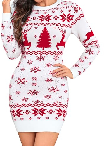 Totatuit Robe Pull Femme Hiver Motif de Noël Renne et Flocons Pull Femme Chic et Élégant Robe Hiver Femme Chaude et Tendance Blanc，L