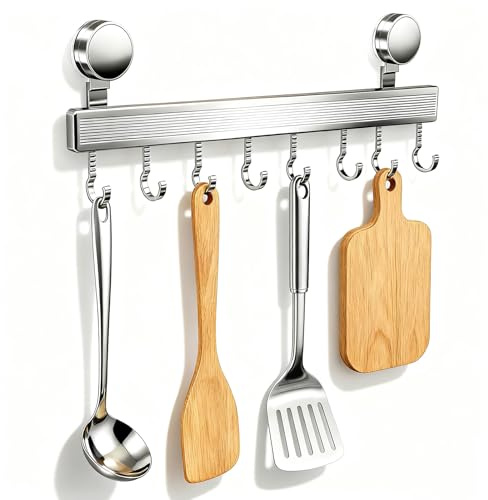NCOALE Utensil Rack with Suction Cup, 40cm Kitchen Hanging Rail No Drilling with 8 Hooks with Removable Kitchen Utensils Holder for Spoon Mugs Towels and Cooking Accessories