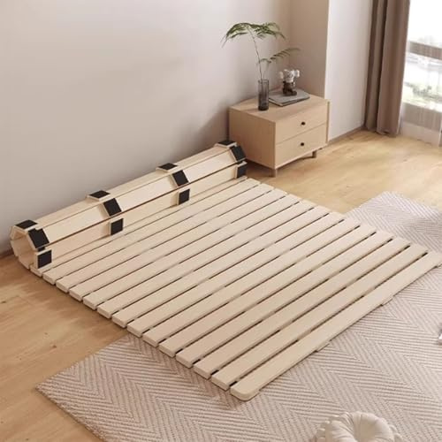 Japansk hopfällbar säng i trä för gäster 100 x 190 cm rundade hörnsoffkuddar platsbesparande design perfekt för sovrum och vardagsrum snygg och funktionell.