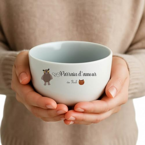Générique Bol Parrain d’amour personnalisé avec prénom – Motif ourson – Cadeau original pour Noël, baptême ou anniversaire – Bol céramique blanche 500 ml –