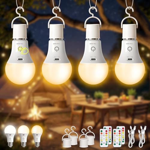 Kambo Bombilla E27 LED recargable con batería control remoto, 4 pieza | Sensor táctil iluminación de 7W con función temporizador, 3 temperaturas color para acampar al aire libre, diversión, camping