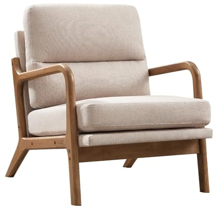 Mid Century Accent Chair, Modern Living Room Chairs with Solid Wood Frame, Reading Relaxing Armchair for Adults, Lounge Chair for Living Room, Bedroom, Waiting Room-Beige