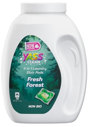 Yass Clean 6-In-1 Laundry Capsules, Non Bio Washing Capsules, Laundry Detergent Pods, Gentle Next to Sensitive Skin, Outstanding Stain Removal, Quick & Cold Washes, Fresh Forest Scent, 70 Count
