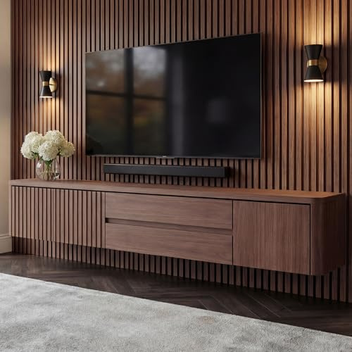 TFFCIC 71 Inch Floating Walnut TV Cabinet, Fully Assembled Wall-Mounted Unit With Four Drawers, 18mm Solid Wood Plywood, Suitable For Living Rooms And 85-Inch Televisions (Walnut)
