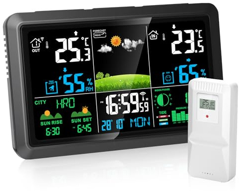 Fastsaw Wetterstation Funk mit Außensensor - Innen und Außentemperatur, Luftfeucht, Luftdruck, Wettervorh, Mondphase, DCF Funkuhr, Batteriebetrieb & Netzbetrieb für Wohnzimmer, Schlafzimmer, Garten