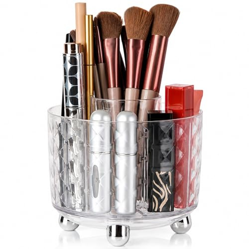 FAVORTALK Make Up Organizer 360° Drehbarer, Make up Pinsel Aufbewahrung 6 Fächer, Pinselhalter Kosmetik Aufbewahrung für Make-up, Lippenstift, Pinsel, Makeup Brush Holder für Frisiertisch (Silber)