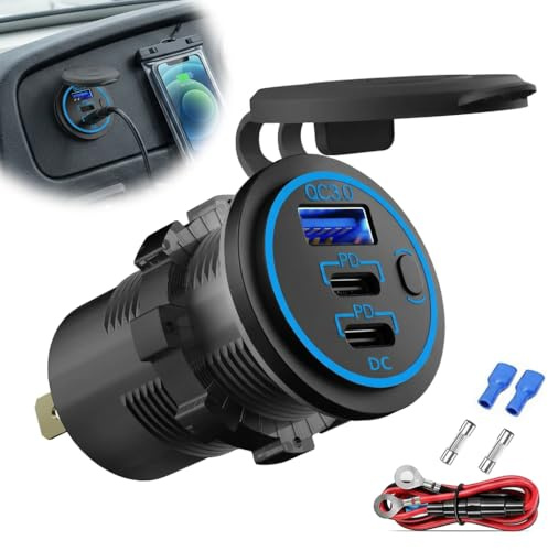 55W USB 12V/24V Chargeur Double Ports USB PD3.0+QC3.0 Étanche Interrupteur | Charge rapide PD QC, multi-protections, interrupteur éco, compatible auto bateau moto