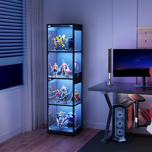 Vitrine avec éclairage LED et Portes en Verre, vitrine de Collection pour Figurines d'action, 4 étages, équipée de capteurs intelligents, adaptée aux Salons et aux Bureaux (Noir:160x40x35cm)