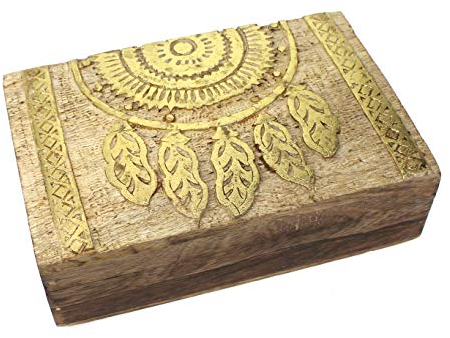 Schatulle Kästchen Traumfänger Motiv 21x13,5x6 cm, Holz natur gold bemalt Schatzkistchen Schmuckschatulle Box Holzbox Dreamcatcher