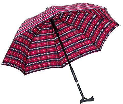 Ossenberg Stockschirm Twin mit Fritzgriff – Ø 105cm – 2 in 1 Gehstock & Regenschirm – Handstock, Gehhilfe, Gehstütze – höhenverstellbar - rot/blau Karo Design