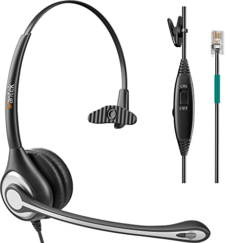 Wantek Auriculares Teléfono Fijo RJ9 Mono, Micrófono con Cancelación de Ruido, Cascos con Control de Volumen para ShoreTel Plantronics Polycom Zultys NEC Nortel Norstar Meridian(F600S2)