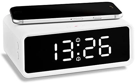 ADE CK2010 digitaler Wecker, kabelloses induktives Laden QI Smartphone 10W, mit Ladestation Wireless Charger, Dual-Alarm, Uhrzeit, Temperaturanzeige, LCD Display, Nachttisch Uhr