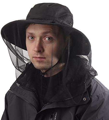 CAMOLAND Bonnet d'apiculteur avec moustiquaire Amovible pour extérieur, Protection UV, Noir, Noir, Taille Unique