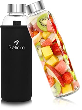 BELICOO BPA-Free Glass Water Bottle 550ml/18oz Borosilicate Leak Proof Portable for School Office Home Travel Sport with Neoprene Carrying Sleeve and Nylon Bottle Brush (Black)