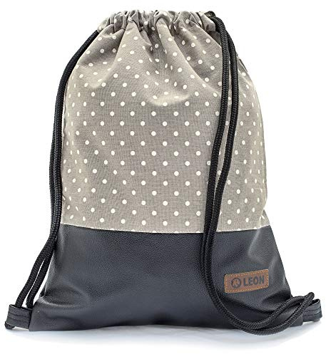 By Bers Leon großer Premium Turnbeutel mit Innentaschen Rucksack Tasche Damen Herren Teenager Gym Bag Draw String 45x34cm für Sport Reise Alltag Einkauf (Dot_BeigehellBraun_SchwPU)