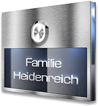 Metzler Türklingel Edelstahl Klingelschild LED-Klingeltaster & Beleuchtung - 3D-Gravur Beschriftung - Klingelplatte - Befestigung wählbar - (Aufputz, Edelstahl)