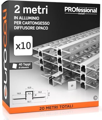 Eurocali 10x Profili da 2 metri (20mt) a Scomparsa in Alluminio per Strisce LED Copertura Opaca larghezza max striscia led 9.5mm - 12.5 x 10 (alette 52.1)