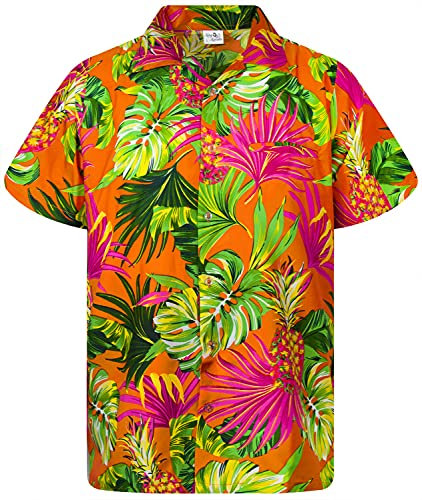 King Kameha Funky Chemise-Hawaienne, Manche-Courte, Pineapple-Leaves, Orange, L