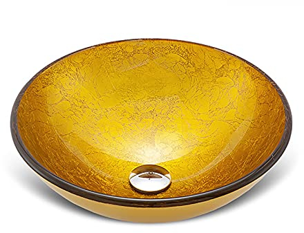 Shower Set Lavabo Vasque en Verre Trempé, Lavabo Lave-Mains d'or Vasque à Poser Monter Salle de Bain Lavabo Vasque avec Drain,Round